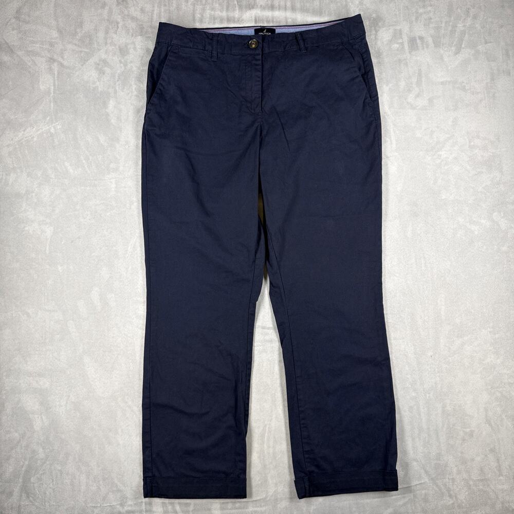 Nautica Women's Size 12 Navy Pants Button Zip Solid Flat Front Regular
